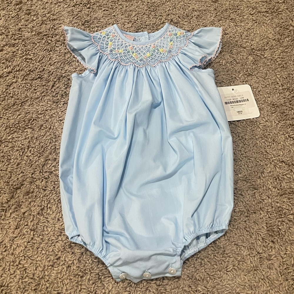 Petit Bebe smocked bubble, never worn, tags still on!